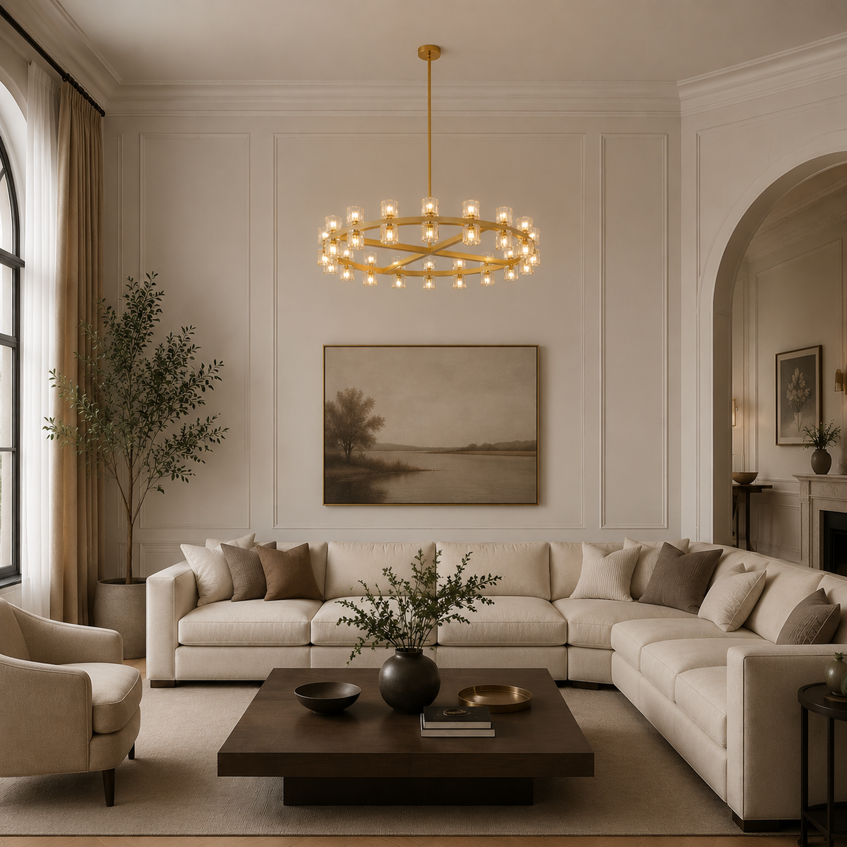 Arcachor Round Faceted Crystal Chandelier in Brass, 36", Living Room