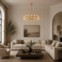 Arcachor Round Faceted Crystal Chandelier in Brass, 36", Living Room