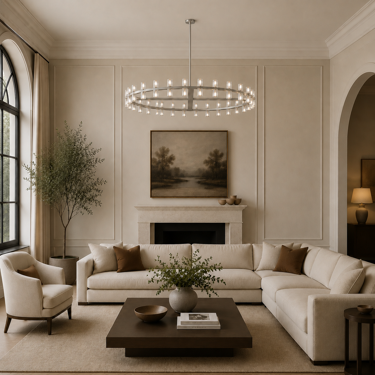 Arcachor Round Faceted Crystal Chandelier, 48-inch nickel transitional crystal chandelier for dining room, living room, foyer, and modern classic interior