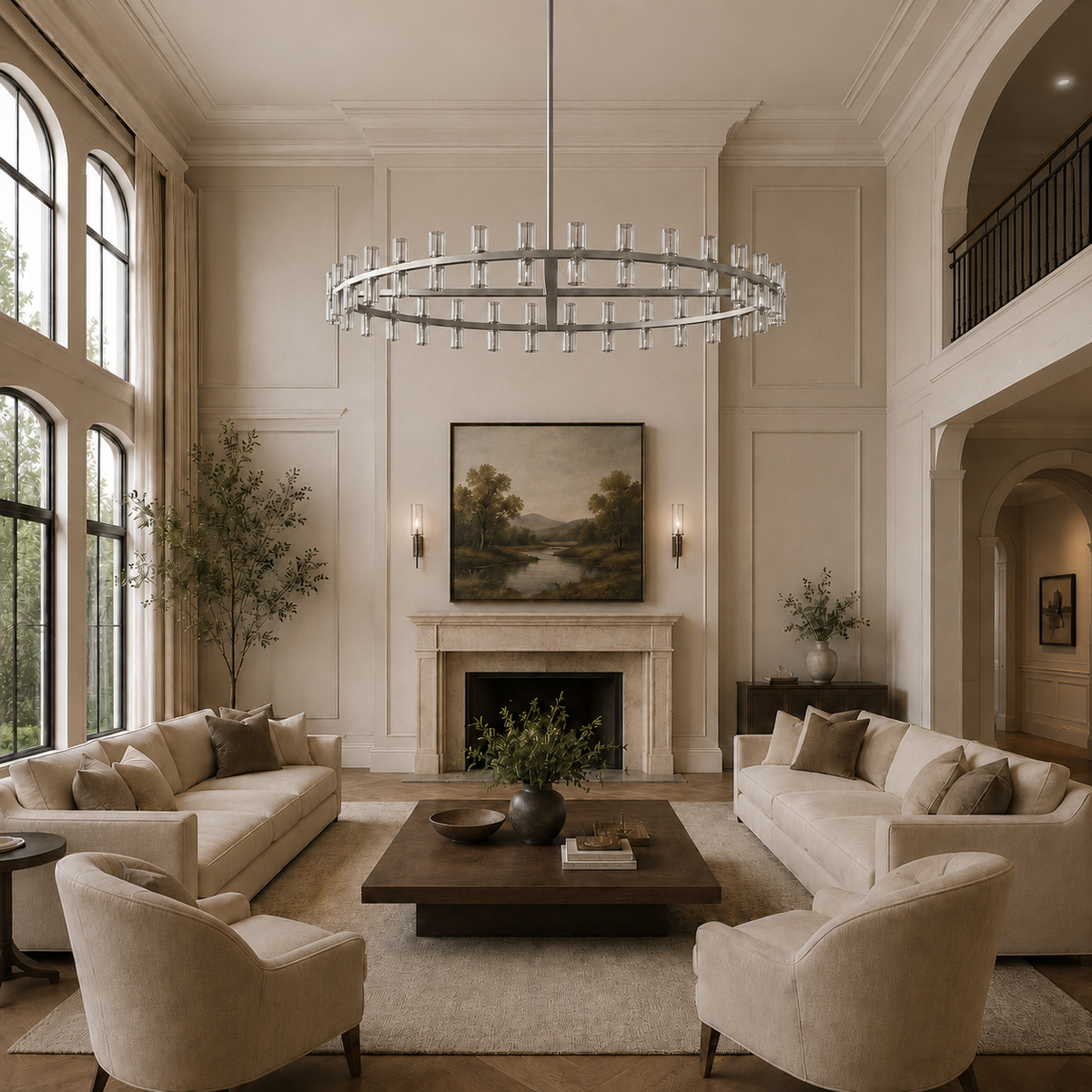 Arcachor Round Faceted Crystal Chandelier in Nickel, 60", Main Light Off