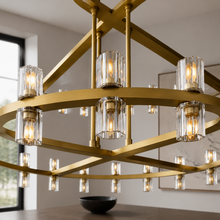 Arcachor Round Two-Tiered Faceted Crystal Chandelier in Brass, 60", Body Detail
