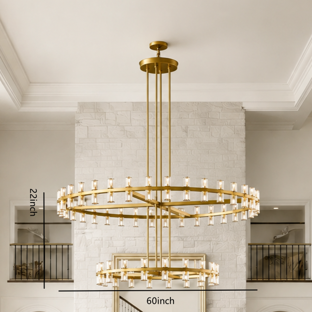 Arcachor Round Two-Tiered Faceted Crystal Chandelier in Brass, 60",