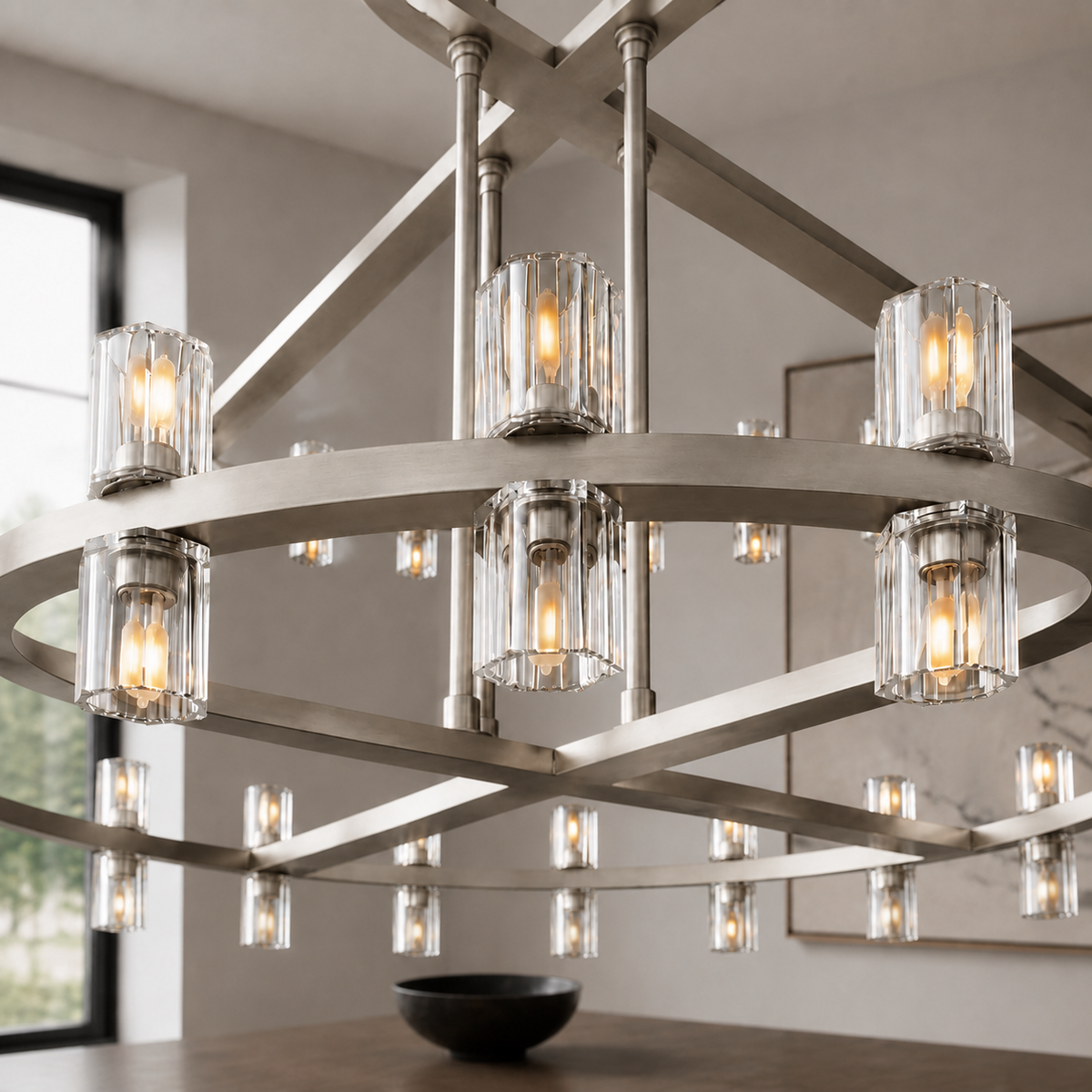 Arcachor Round Two-Tiered Faceted Crystal Chandelier in Nickel, 60", Body Detail