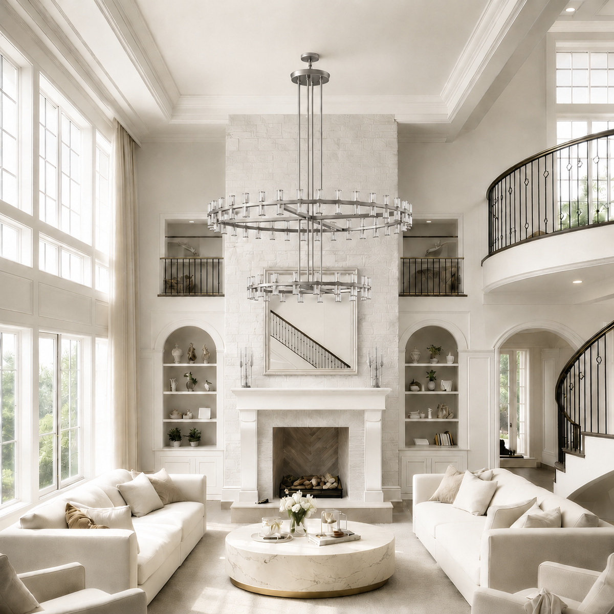 Arcachor Round Two-Tiered Faceted Crystal Chandelier in Nickel, 60", Main Light Off