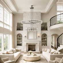Arcachor Round Two-Tiered Faceted Crystal Chandelier in Nickel, 60", Main Light On