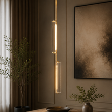 Audubor Crystal Prism Pendant in Brass, Main Light On
