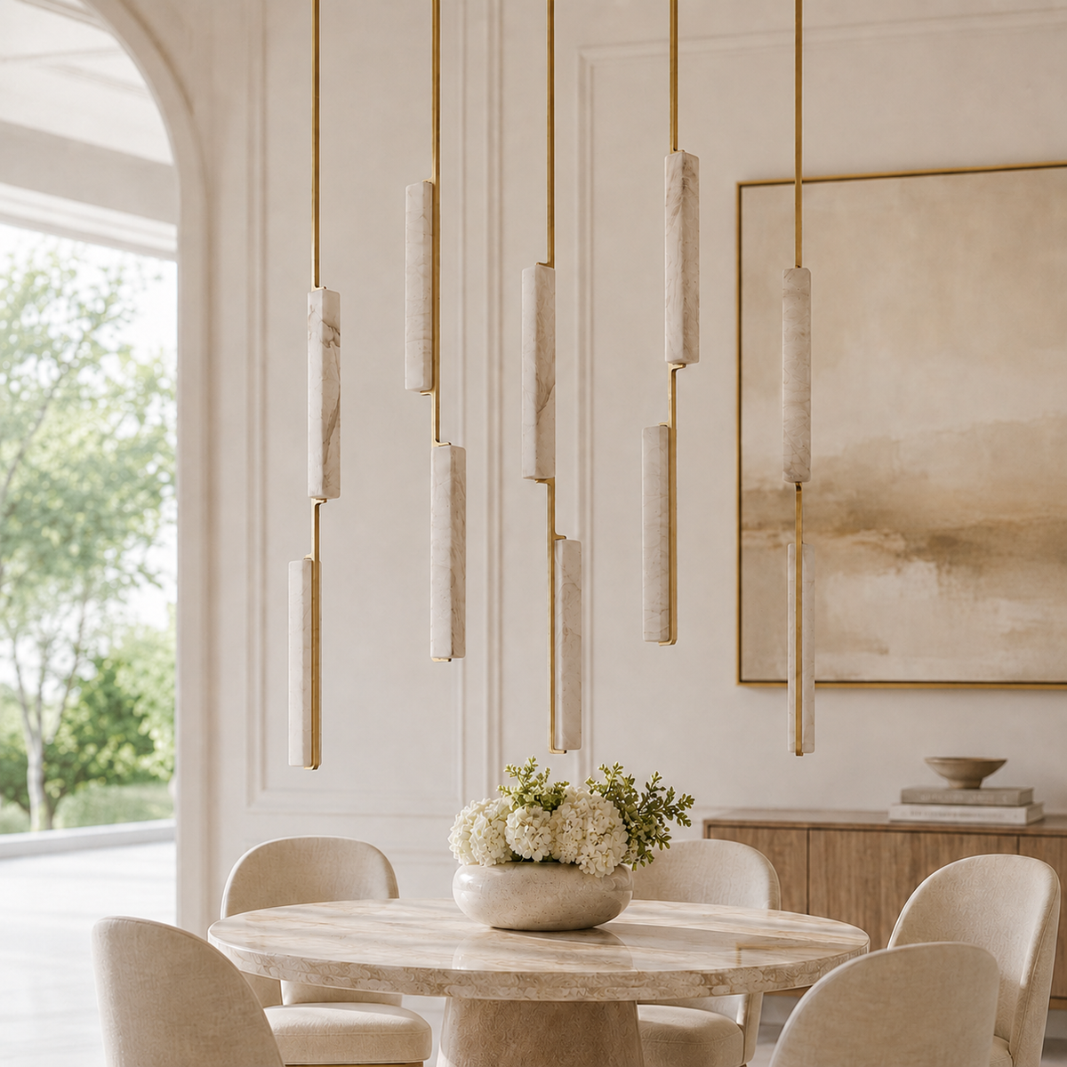 Audubor Linear Alabaster Prism Chandelier in Brass, Main Light Off