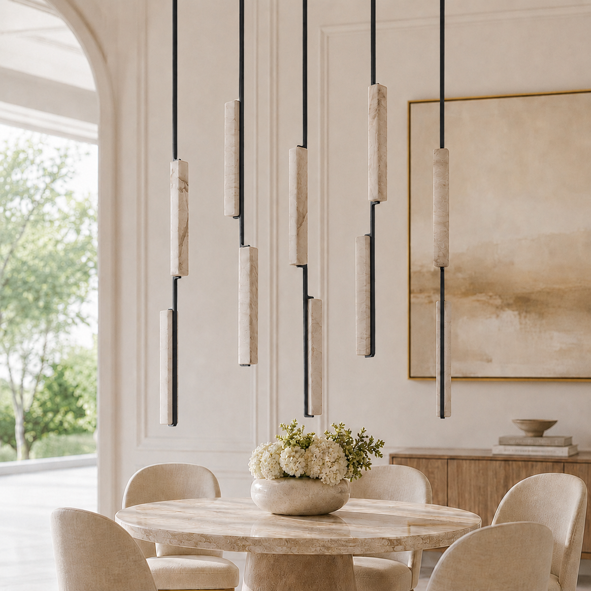 Audubor Linear Alabaster Prism Chandelier in Bronze, Main Light Off