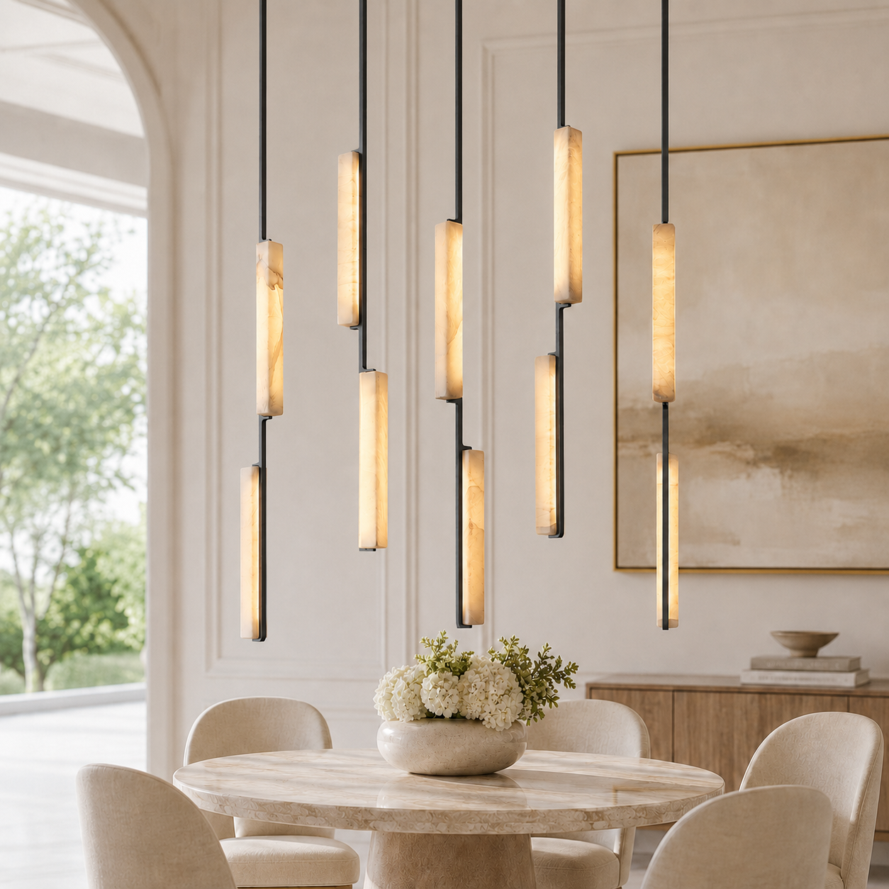 Audubor Linear Alabaster Prism Chandelier in Bronze, Main Light On