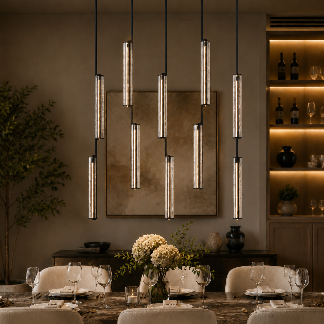 Audubor Linear Crystal Prism Chandelier in Bronze, Main Light On