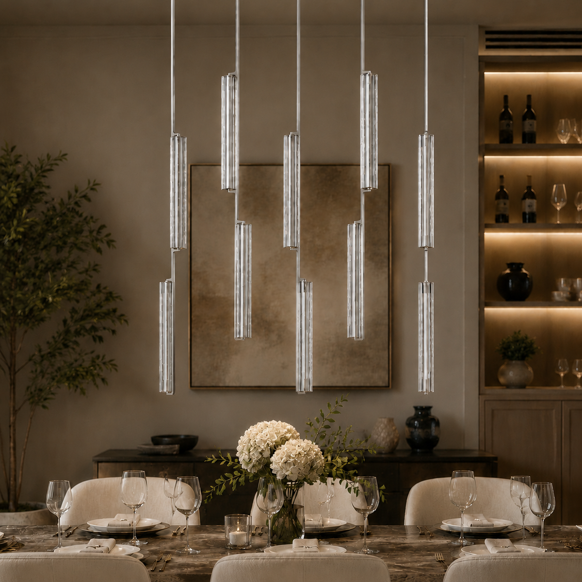 Audubor Linear Crystal Prism Chandelier in Nickel, Main Light Off