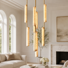 Audubor Round Alabaster Prism Chandelier in Brass, 24″, Main Light On