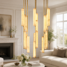 Audubor Round Alabaster Prism Chandelier in Brass, 40″, Main Light On
