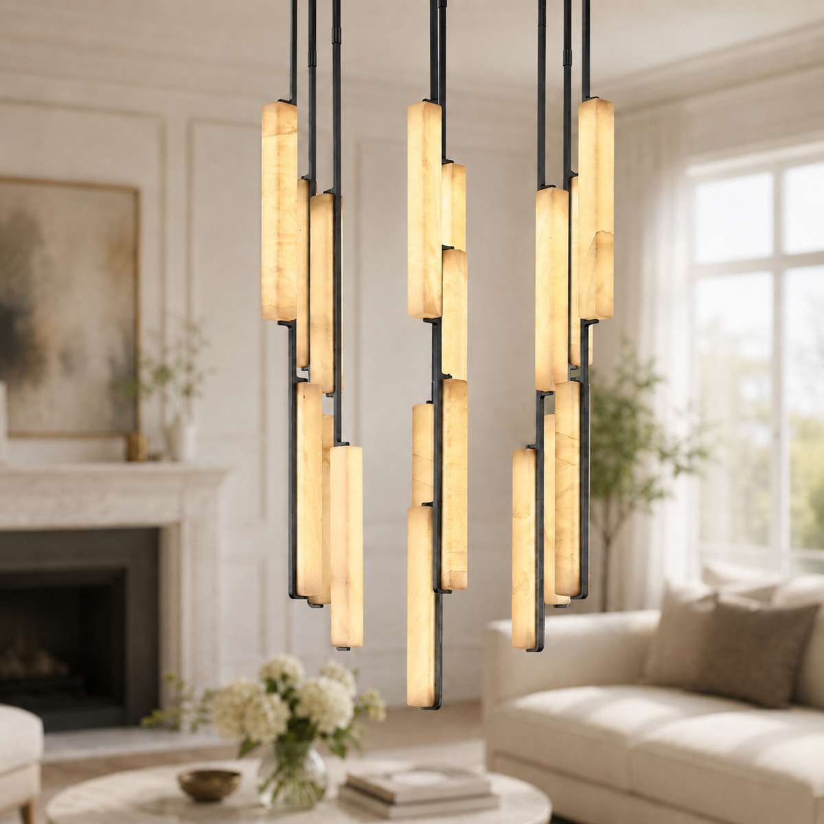 Audubor Round Alabaster Prism Chandelier in Bronze, 40″, Main Light On