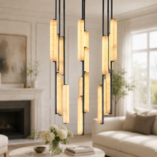 Audubor Round Alabaster Prism Chandelier in Bronze, 40″, Main Light On