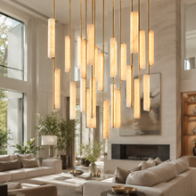 Audubor Round Alabaster Prism Chandelier in Brass, 56″, Main Light On