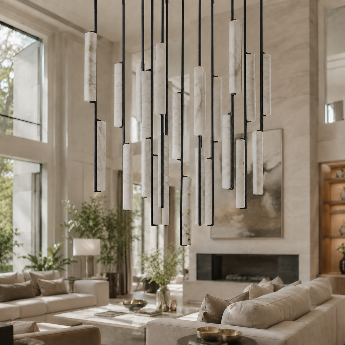 Audubor Round Alabaster Prism Chandelier in Bronze, 56″, Main Light Off
