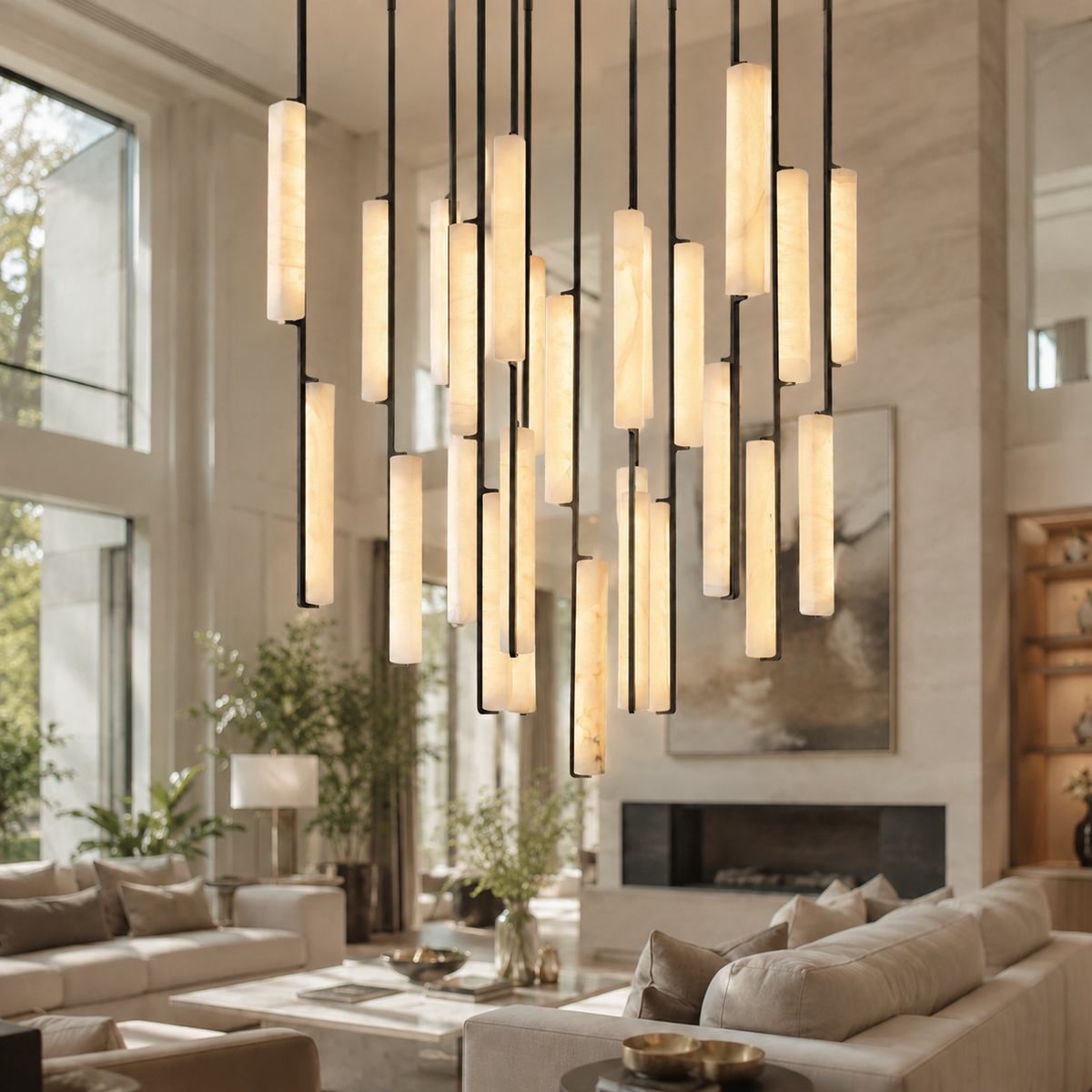 Audubor Round Alabaster Prism Chandelier in Bronze, 56″, Main Light On
