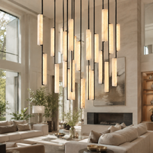 Audubor Round Alabaster Prism Chandelier in Bronze, 56″, Main Light On