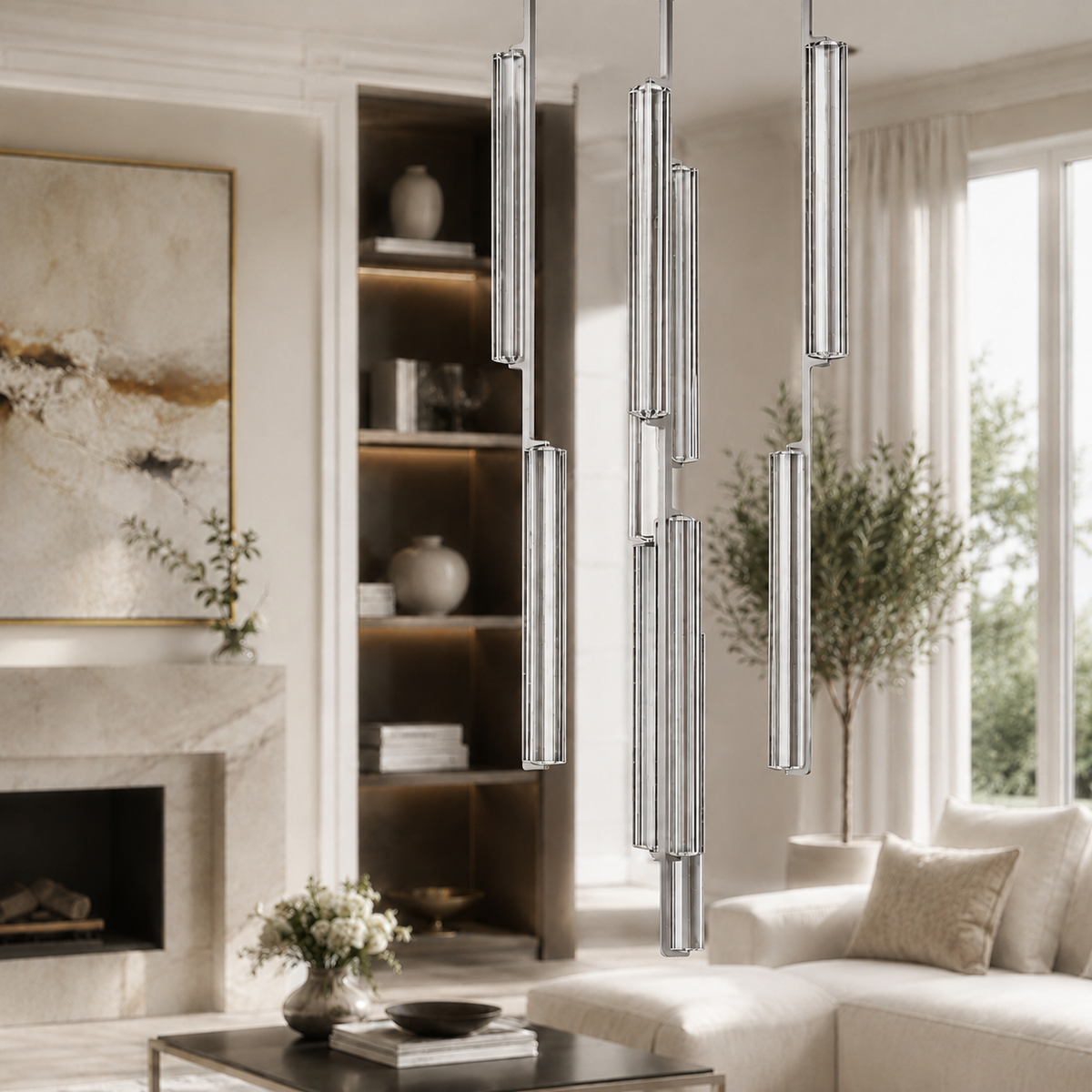 Audubor Round Crystal Prism Chandelier in Nickel, 24", Main Light Off