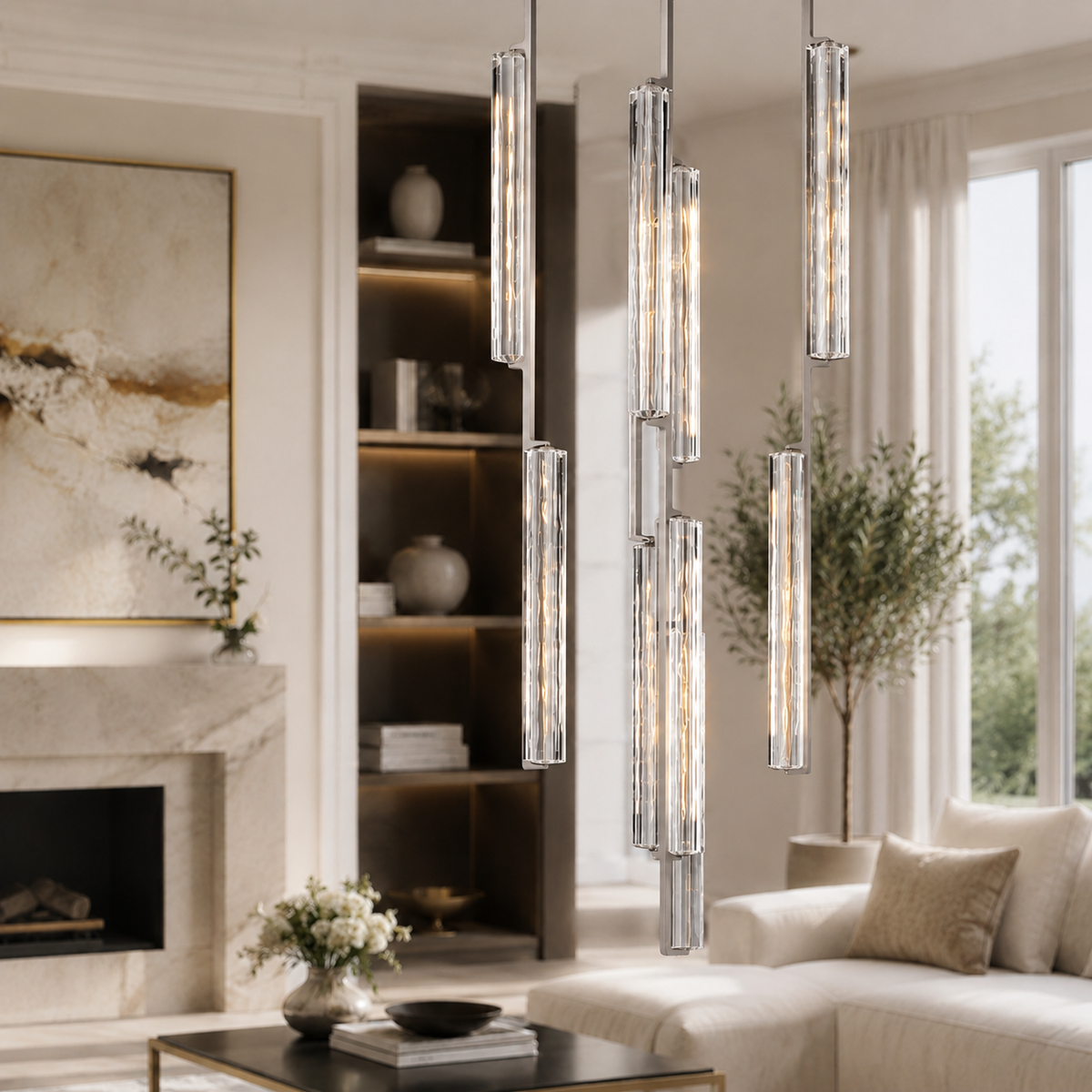 Audubor Round Crystal Prism Chandelier in Nickel, 24", Main Light On