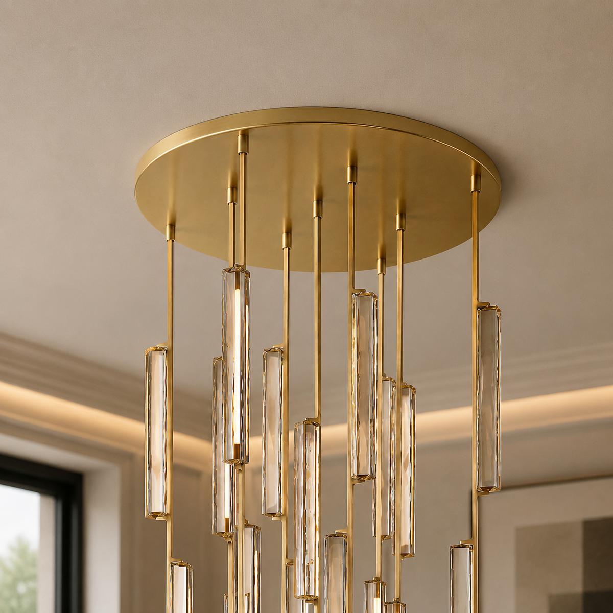 Audubor Round Crystal Prism Chandelier in Brass, 40", Canopy Detail