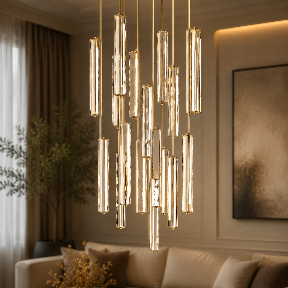 Audubor Round Crystal Prism Chandelier in Brass, 40", Main Light On