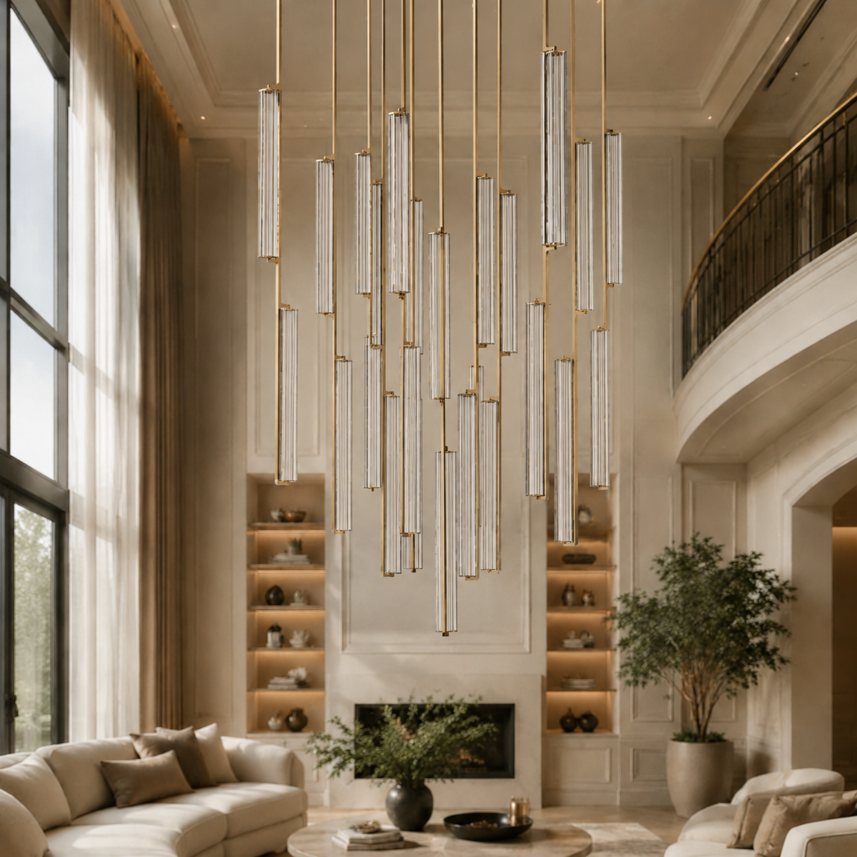 Audubor Round Crystal Prism Chandelier in Brass, 56", Main Light Off