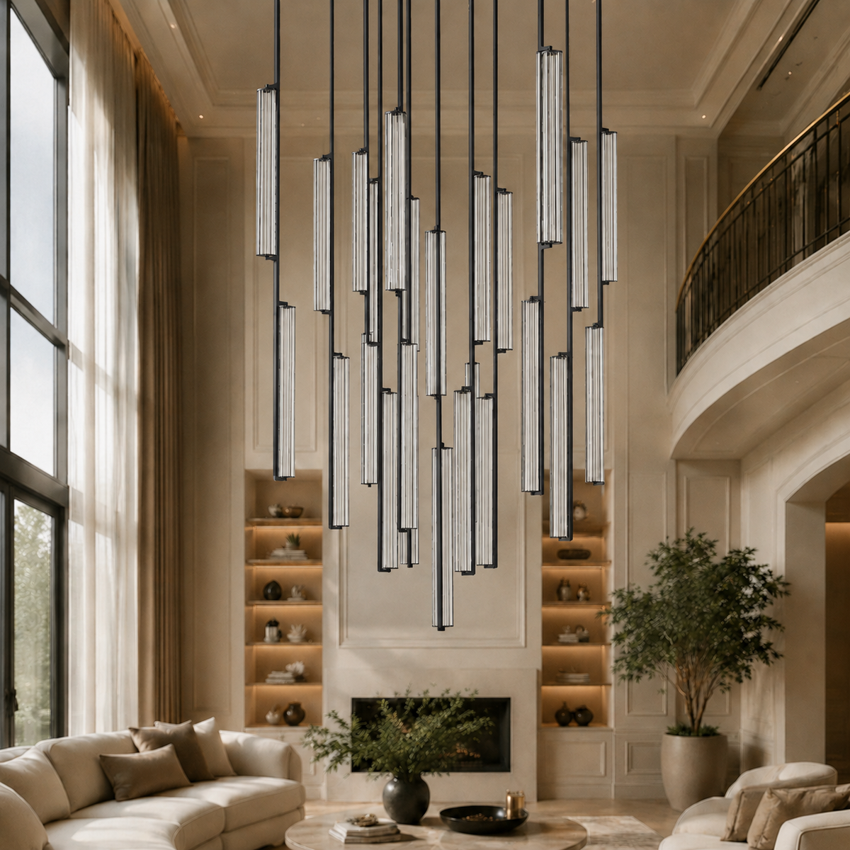 Audubor Round Crystal Prism Chandelier in Bronze, 56", Main Light Off