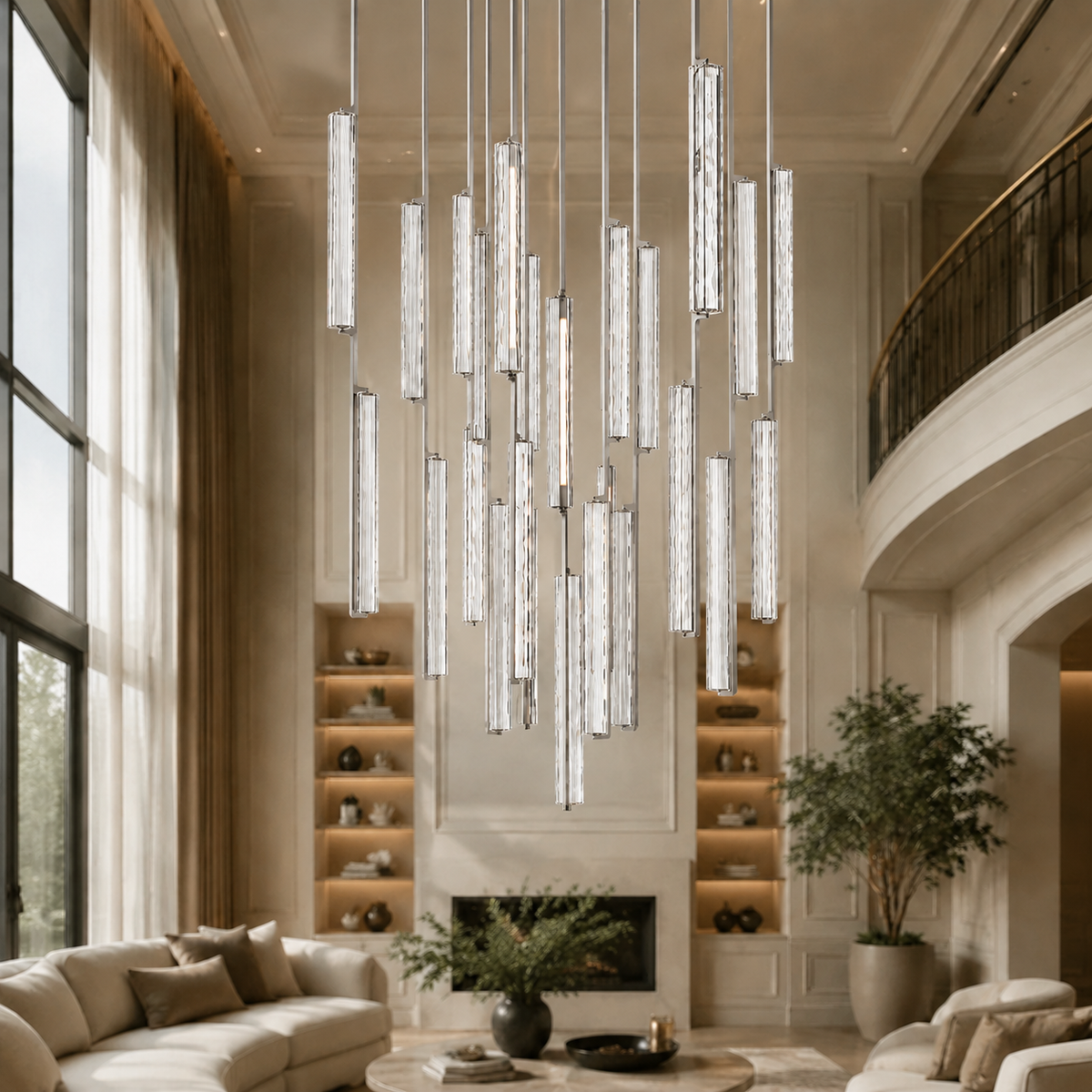 Audubor Round Crystal Prism Chandelier in Nickel, 56", Main Light On