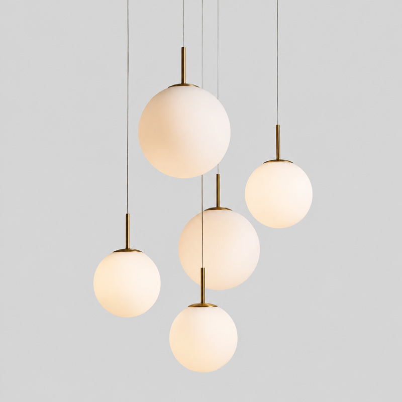Casen Round Cluster Glass Chandelier, 27.8-inch satin brass opal glass chandelier in contemporary style for dining room, bedroom, foyer, and small living room