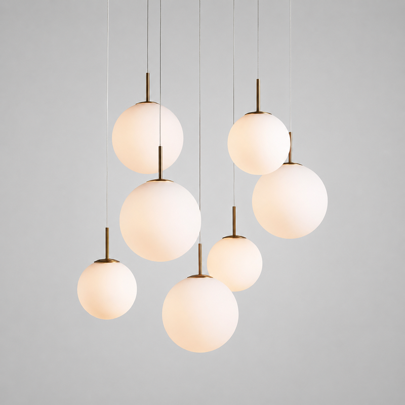 Casen Round Cluster Glass Chandelier, 34-inch satin brass opal glass chandelier in contemporary and organic modern style for dining room, living room, foyer, and open-plan space
