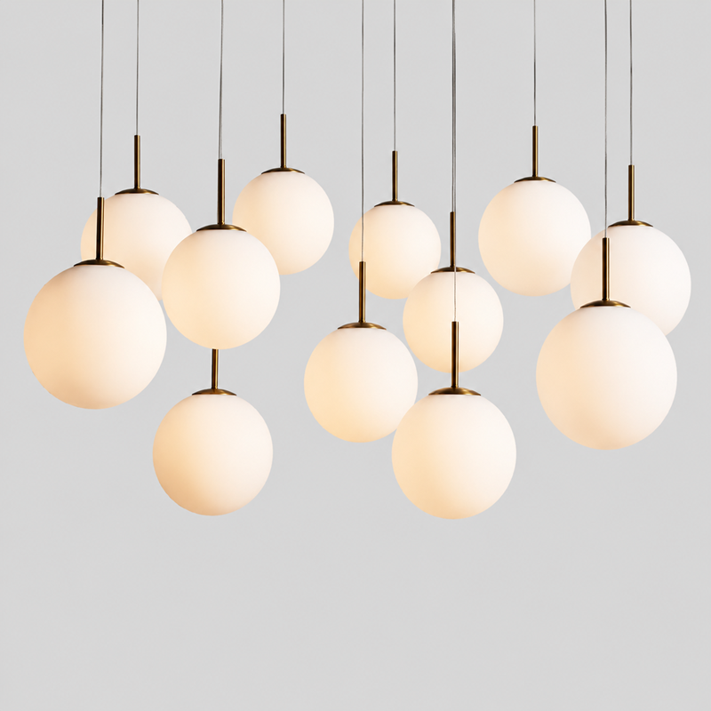 Casen Round Cluster Glass Chandelier, 43-inch satin brass opal glass chandelier in contemporary style for grand foyer, large living room, stairwell, and open-plan interior