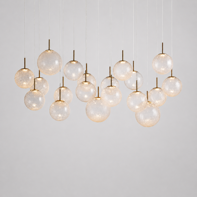 Casen Linear Cluster Glass Chandelier, 65-inch satin brass crackle glass statement chandelier in contemporary style for large dining room, long kitchen island, rectangular table, and high ceiling space