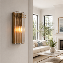 12" Delsie Fluted Glass Wall Light in Brass with Clear Glass, Living Room Scene
