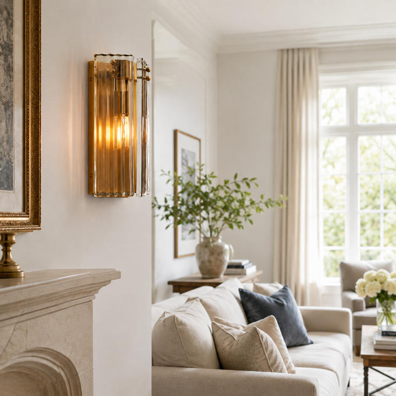 12" Delsie Fluted Glass Wall Light in Brass with Smoke Glass, Living Room Scene