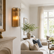 12" Delsie Fluted Glass Wall Light in Brass with Smoke Glass, Living Room Scene