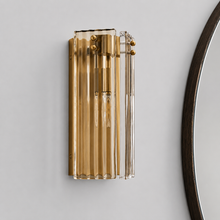 12" Delsie Fluted Glass Wall Light in Brass with Smoke Glass, Main Light Off