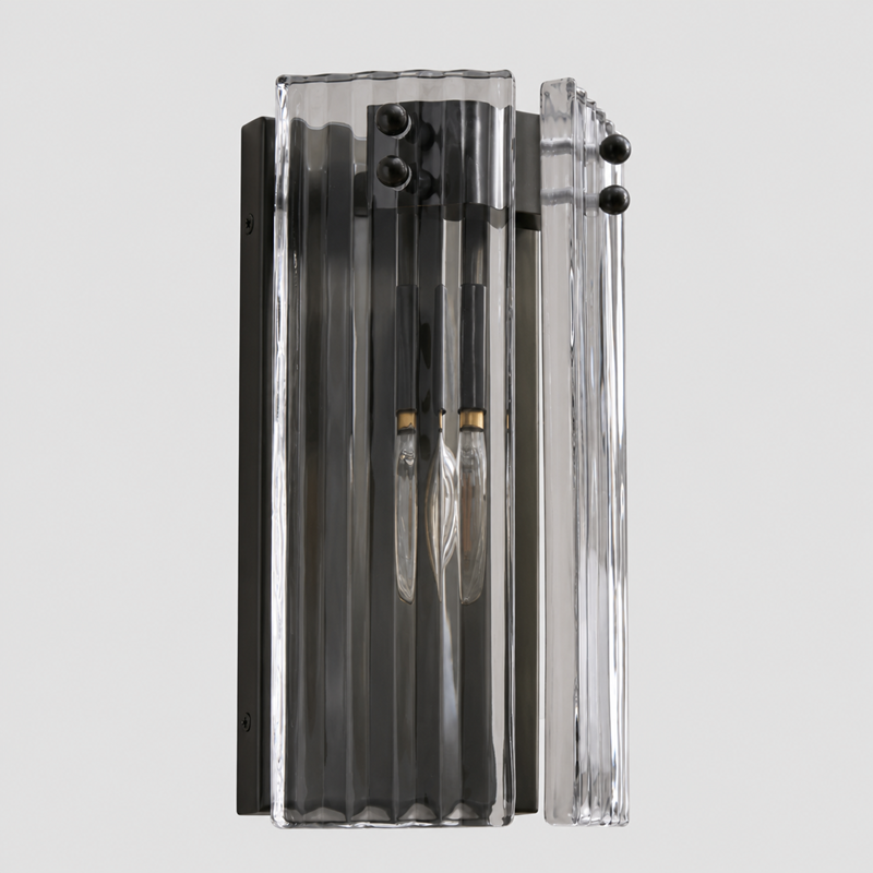 12" Delsie Fluted Glass Wall Light in Bronze with Clear Glass, Main Light Off
