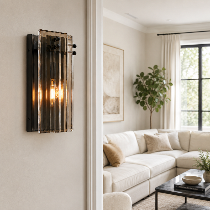 12" Delsie Fluted Glass Wall Light in Bronze with Smoke Glass, Living Room Scene