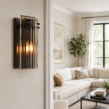 12" Delsie Fluted Glass Wall Light in Bronze with Smoke Glass, Living Room Scene