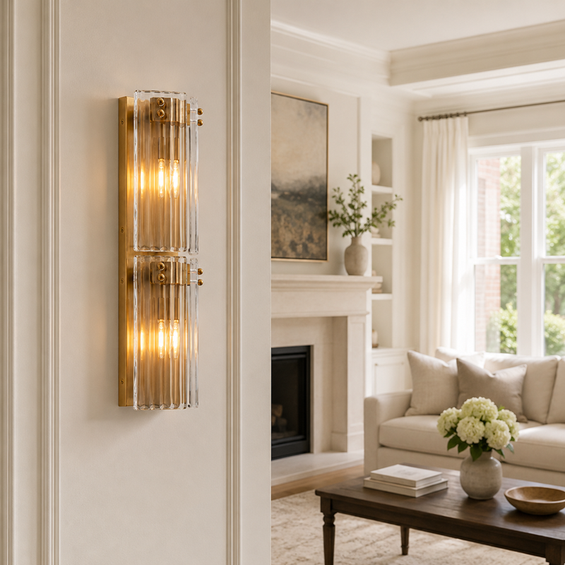 24.2" Delsie Fluted Glass Wall Light in Brass with Clear Glass, Living Room Scene