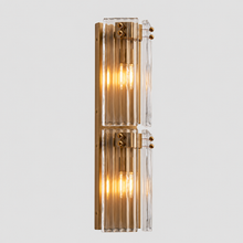 24.2" Delsie Fluted Glass Wall Light in Brass with Clear Glass, Main Light On