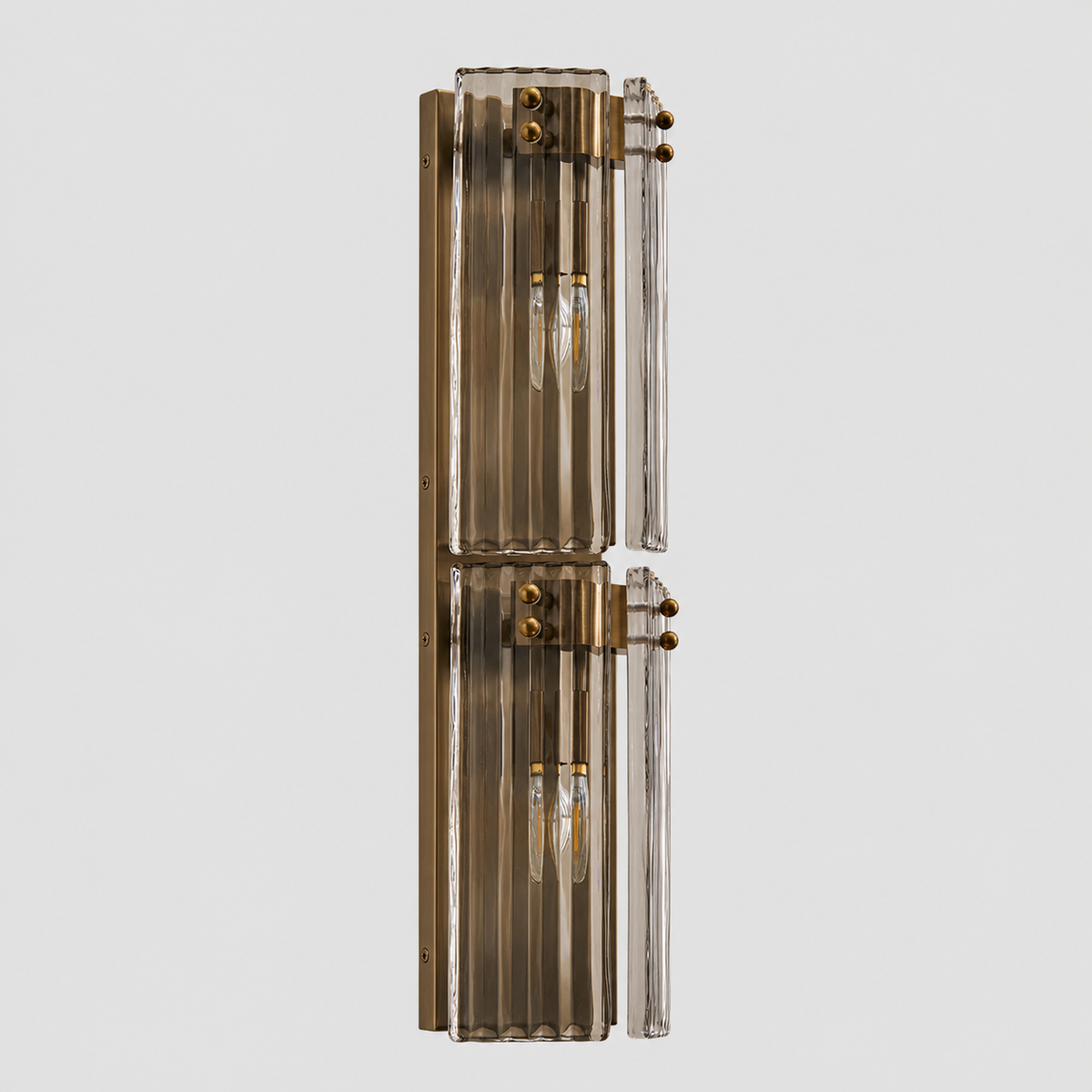 24.2" Delsie Fluted Glass Wall Light in Brass with Smoke Glass, Main Light Off