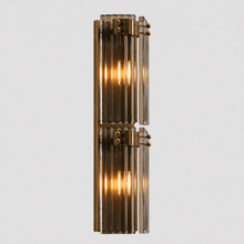 24.2" Delsie Fluted Glass Wall Light in Brass with Smoke Glass, Main Light On