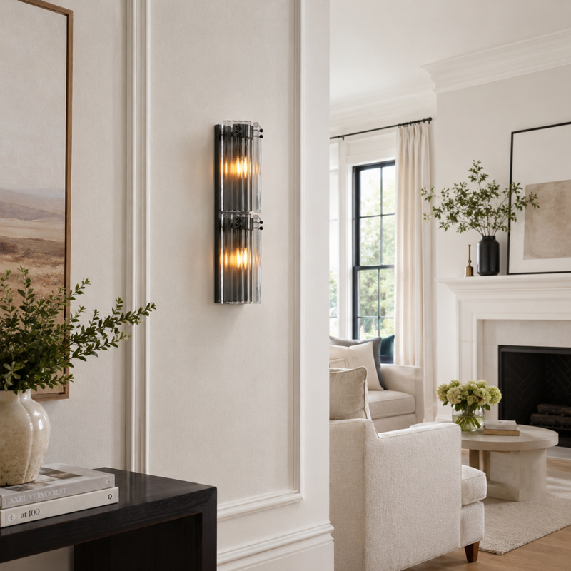 24.2" Delsie Fluted Glass Wall Light in Bronze with Clear Glass, Living Room Scene