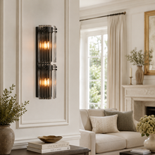 24.2" Delsie Fluted Glass Wall Light in Bronze with Smoke Glass, Living Room Scene