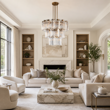 38" Delsie Fluted Round Glass Chandelier in Brass with Clear Glass, Living Room Scene