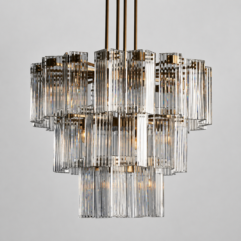 Delsie Round Fluted Glass Chandelier, 38-inch brass clear fluted glass chandelier for round dining table, dining room, foyer, and modern classic interiors