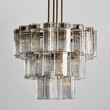 38" Delsie Fluted Round Glass Chandelier in Brass with Clear Glass, Main Light On